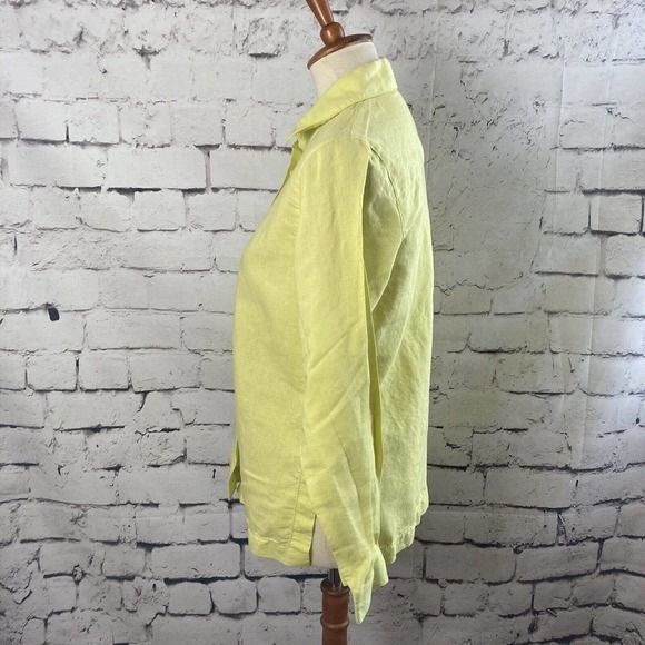 David N Linen Blend Collared Long Sleeve Button Down Shirt Neon Yellow Large P - Picture 2 of 11
